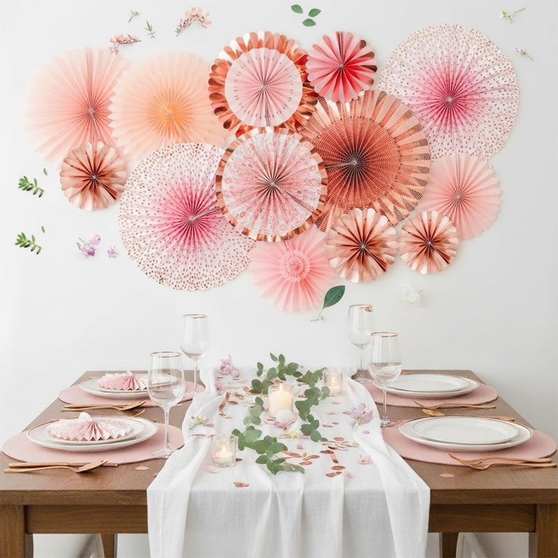 PapaKit Origami Wall Decoration Set (8 Assorted Round Paper Fans) Birthday Party Baby Shower Wedding Events Decor | Creative Art Design Pattern (Lustrous Pink Coral with Metallic Rose Gold) - Image 2